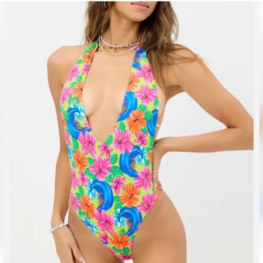 Frankie's Bikinis Floral One Piece Swimsuit - Pink and Blue